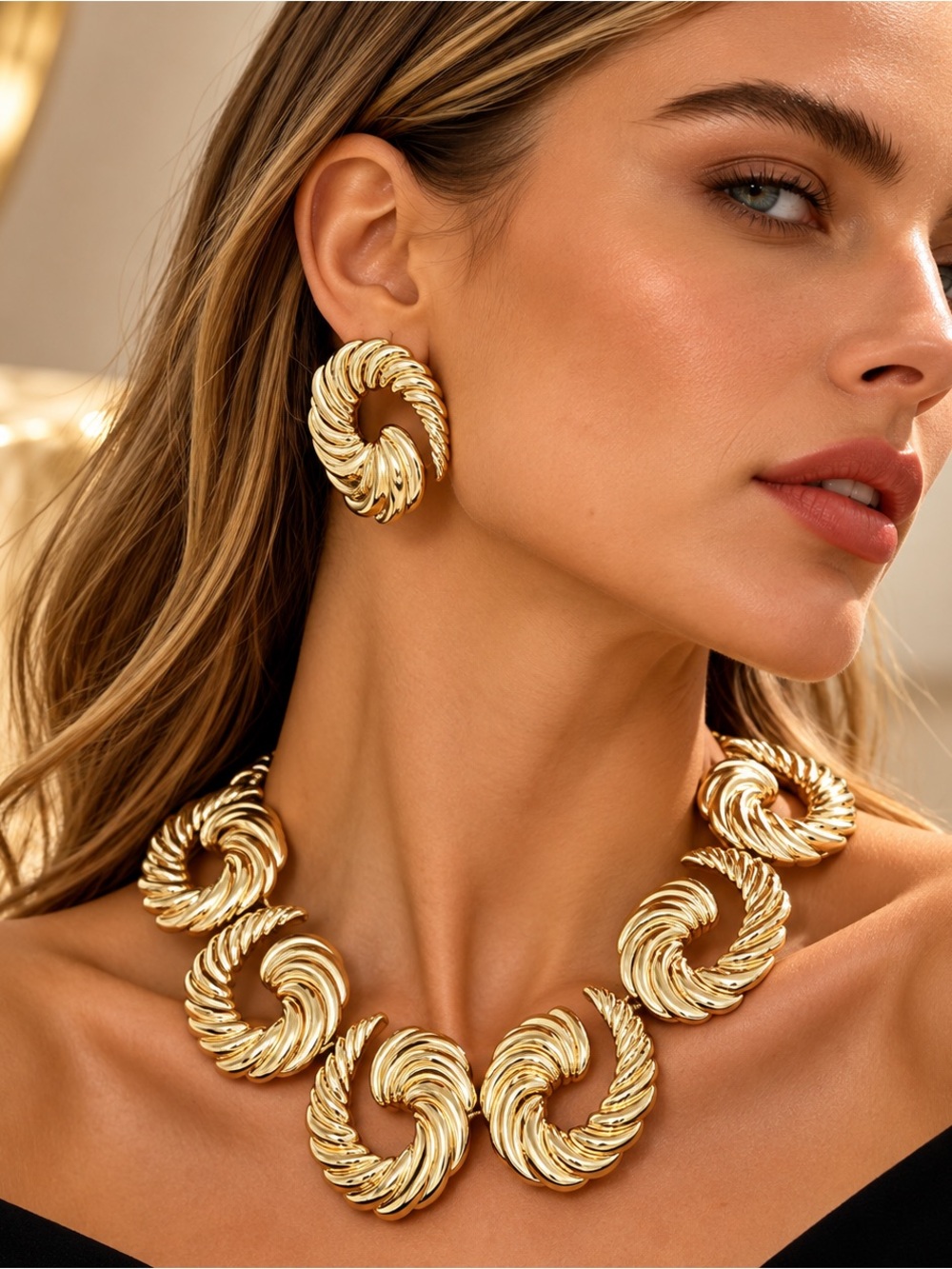Gold Tone Swirl Statement Necklace & Earrings Set Chunky Sculptural Jewelry